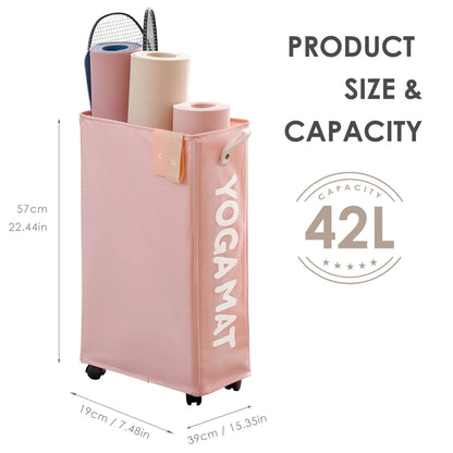 Yoga Mat Storage Rack, 22’’ Large Yoga Mat Holder Accessories, Home Gym Equipment Storage Yoga Mats, Workout Equipment Organization with Wheels, Pink
